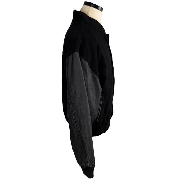 Vintage Shoei Racing 90's XL Black Wool & Leather Bomber Jacket - Picture 2 of 14